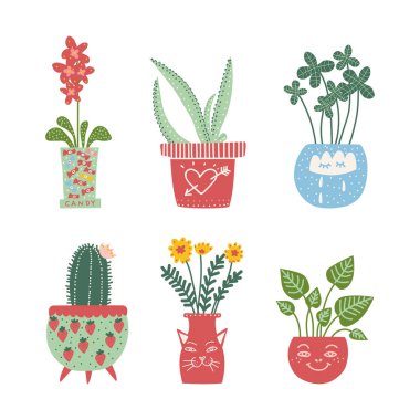 Dekoratif Çiçek ve Bitki Ev Dekorasyonu Vektör Kümesi Olarak Seramik Kapta Büyüyor. Botanik Tarımı Konseptli Ev Bahçesi ve Bahçecilik