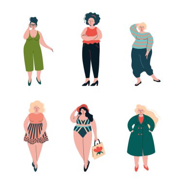 Güzel Artı Eğri Vücutlu Kadın Moda Giysileri Vektör Seti. Gülümseyen Tombul ya da Ayakta Duran Kadın Görünüşünü Kabul Ediyor