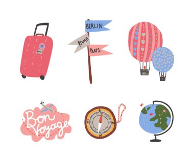 Çantalı Seyahat ve Turizm Sembolleri, Globe, Compass, Direction Post ve Hot Air Balon Vector Set. Gezgin Şehveti ve Yabancı Ülkeye Yolculuk