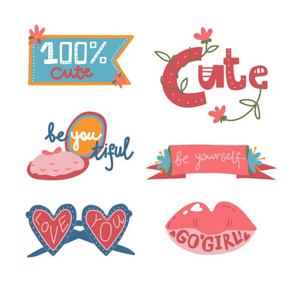 Inspirational motivational quotes for girls set. Cute stickers for daily planner, diariy, scrapbooking hand drawn vector illustration