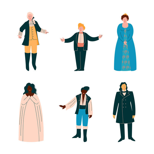 Opera Singer in Theatrical Garment Performing on Stage Vector Set. Man and Woman Tenor or Soprano as Classical Singing Voice and Playing Dramatic Role Concept