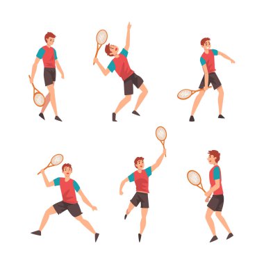 Tenis oynayan Erkek Karakteri, Court Vector Set 'de raket sporu yapıyor. Genç Erkek Sporcu Topa Vurmak İçin Hareket Ediyor