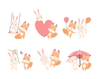 Pretty Little Bunny and Fox Cub Playing Together as Best Friends Vector Set. Cute Hare and Pup Character Having Fun Concept clipart