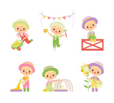 Tulumlu Küçük Sarışın Çocuk ve Çiftlikteki Şapkalı Bahçe Vektörü Seti 'nde çalışıyor. Çiftlikteki Sevimli Çocuk Bahçıvanlık ve Bahçecilik Konsepti ile Nişanlı