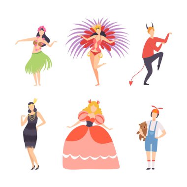 Karnaval Giyen Erkek ve Kadın Karakteri ya da Parti Giysi Vektörü İllüstrasyon Seti. Erkek ve Kadın Maskeli Balo Eğlencesi Festivali