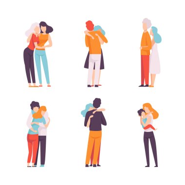 Birbirini Saran ve Vektör İllüstrasyonunu Destekleyen Karakterler. Erkek ve Kadın Kucaklaşıyor Sevgi ve Şefkat Konsepti