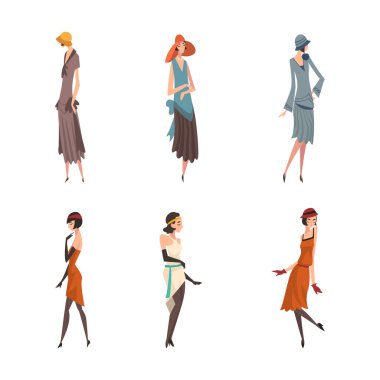 Yirmilik Vektör Seti 'nden giyinmiş genç bir kadın. Kıvırcık Saçlı Kadın ve Amerikan Retro Moda Konsepti Olarak Başlık