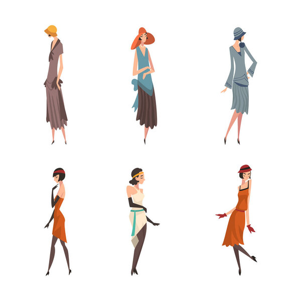 Молодая женщина носит одежду из векторного набора двадцатых годов. Женщина хлопушка с Bobbed прическа и головной убор как американская концепция ретро-моды