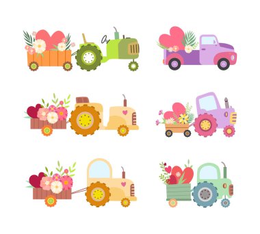 Şirin Traktör ve Minibüs Çiçek ve Kalplerle dolu Vector Set ile. Gelişim ve Aşk Sembol Konsepti ile Renkli Tarım Çiftliği Taşımacılığı