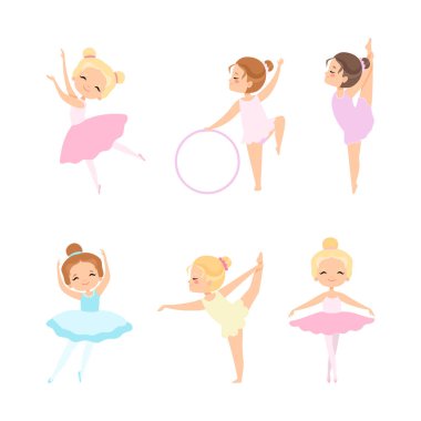 Tutu Etekli Küçük Kız Balerin ve Pointe Ayakkabı Dansı Vector Set. Esnek Vücut Eğitimli Güzel Çocuk Koreografi Sınıfı