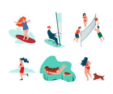 Sea Shore ve Beach 'teki İnsan Karakterleri Yaz Dinlenme Vector Set' inin tadını çıkarıyor. Genç Erkek ve Kadın Deniz kenarında Tatil Yapıyor Yaz Etkinliği Konsepti
