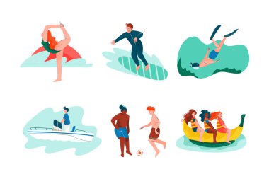 Sea Shore ve Beach 'teki İnsan Karakterleri Yaz Dinlenme Vector Set' inin tadını çıkarıyor. Genç Erkek ve Kadın Deniz kenarında Tatil Yapıyor Yaz Etkinliği Konsepti