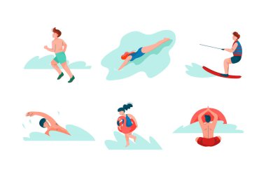 Sea Shore ve Beach 'teki İnsan Karakterleri Yaz Dinlenme Vector Set' inin tadını çıkarıyor. Genç Erkek ve Kadın Deniz kenarında Tatil Yapıyor Yaz Etkinliği Konsepti