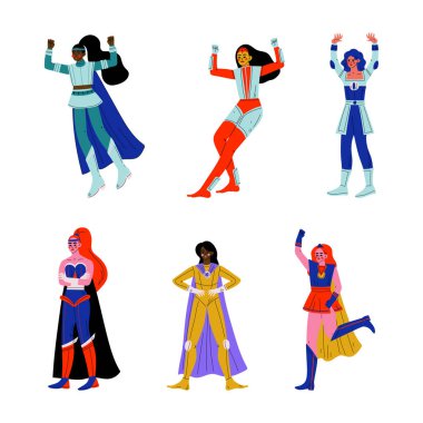 Süper kahraman kadın karakter pelerin giyiyor ve süper güç vektör seti var. Adalet Dövüşçüsü Pozisyonunda Çeşitli Kadın Kahraman