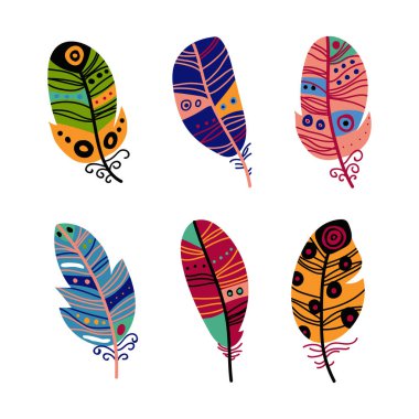 Renkli Tüy ve Plumage, Boho Kabile Element Vektör Kümesi. Etnik Dekoratif Süsleme Kavramı