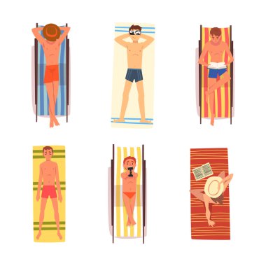 Sandy Plajı 'nda Güneşlenen Sıcak Yaz Vektörü İllüstrasyon Seti' nin tadını çıkaran İnsanlar Karakteri. Genç Adam ve Kadın Deniz Kenarı Kavramında Rahatlıyor