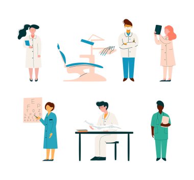 Vector Set Hastanesi 'nde çalışan erkek ve kadın doktor ya da doktor. Erkek ve Kadın Profesyonel Çalışan Tıp Uygulaması Hastalık Tedavisi ve Teşhisi Konusunda