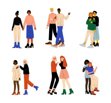 Eşcinsel Çift Kucaklaşıyor ve El ele tutuşuyor Birlikte Yürüyen Vektör Seti. Erkek ve Kadın Aynı Cinsiyetin Eşi veya Cinsiyet Kavramı ile Romantik İlişki Yaşıyor