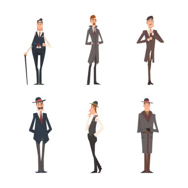 Seçkin Takım Elbiseli Viktoryan Centilmen Saygıdeğer Manner Ayaklı Vektör Seti. Klasik Giysi ve Şapka Konseptinde Aristokrat veya Asilzade
