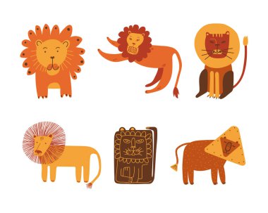Mane Doodle vektör seti olan Afrika hayvanı rolünde Komik Aslan. Şirin Kürklü Ağız Kavramlı Vahşi Memeliler