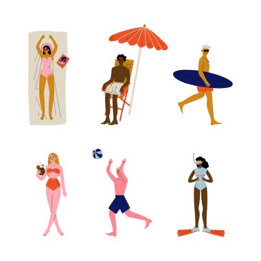 Deniz kıyısında yaz tatili yapan erkek ve kadın karakteri mayo ve güneş koruyucu seti giyiyor. Genç Erkek ve Kadın Plaj Kavramında Dinleniyor