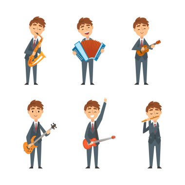 Young Man in Suit and Tie Playing Musical Instrument Performing Concert on Stage Vector Set. Male Musician Engaged in Musical Performance Concept clipart