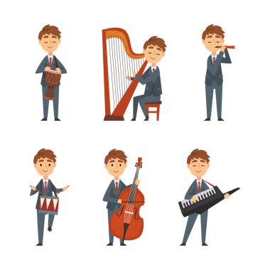 Young Man in Suit and Tie Playing Musical Instrument Performing Concert on Stage Vector Set. Male Musician Engaged in Musical Performance Concept clipart