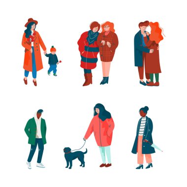 Spring Season Vector Illustration Set 'te Sokakta Yürüyen Halk Karakteri. Genç Adam ve Kadın Sıcak Havanın Tadını Çıkartıyor