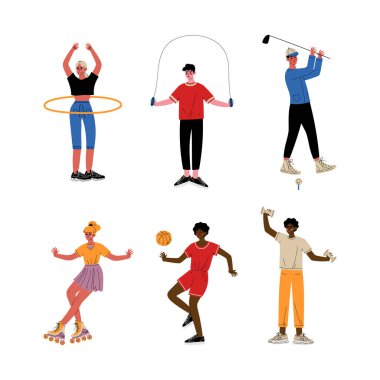 Genç adam ve kadın atlet spor vektörü seti yapıyor. Spor Giyim 'de Erkek ve Kadın Spor Spor Egzersizi ve Sportif Etkinlik Konseptine Bağlandı