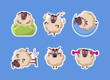 Komik Karikatür Koyun ve Kuzu Maskotu Farklı Etkinlik Vektörü Seti. Yünlü Çiftlik Memelisi Komedi Hayvanları Olarak