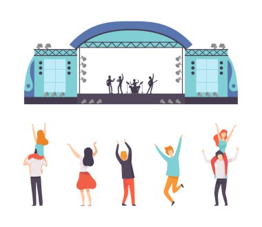 People Character ile Yaz Açık Hava Müzik Festivali Dinleniyor ve Müzik Vektörü Seti Dinleniyor. Genç Adam ve Kadın Açık Hava Konseri ve Canlı Performans