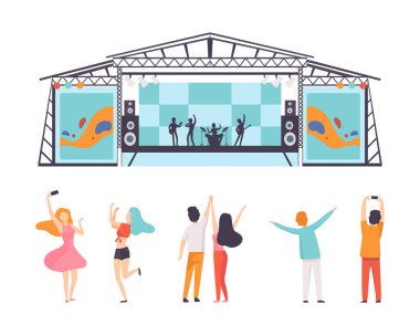 People Character ile Yaz Açık Hava Müzik Festivali Dinleniyor ve Müzik Vektörü Seti Dinleniyor. Genç Adam ve Kadın Açık Hava Konseri ve Canlı Performans