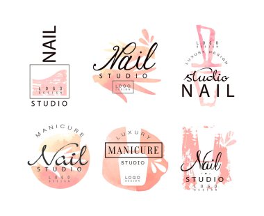 Tırnak Stüdyosu Logosu Elleri ve Tırnak cilası Vector Set ile Yaratıcı Şablon Tasarımı. Güzellik Salonu ve Manikürcü Etiketi Kavramı
