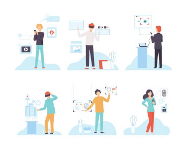 Erkek ve Kadın Karakterleri Kablosuz Dijital Teknoloji Vektör Seti Kullanıyor. Genç Erkek ve Kadın Elektronik Aygıt Konseptiyle Küresel Etkileşimli Medya ve Sanal Dünya 'ya Erişiyor