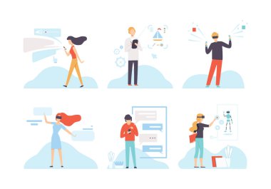 Erkek ve Kadın Karakterleri Kablosuz Dijital Teknoloji Vektör Seti Kullanıyor. Genç Erkek ve Kadın Elektronik Aygıt Konseptiyle Küresel Etkileşimli Medya ve Sanal Dünya 'ya Erişiyor