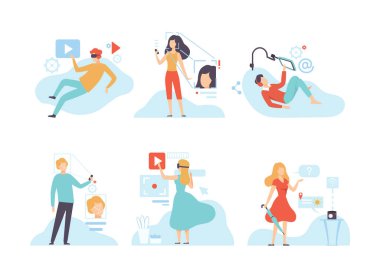 Erkek ve Kadın Karakterleri Kablosuz Dijital Teknoloji Vektör Seti Kullanıyor. Genç Erkek ve Kadın Elektronik Aygıt Konseptiyle Küresel Etkileşimli Medya ve Sanal Dünya 'ya Erişiyor