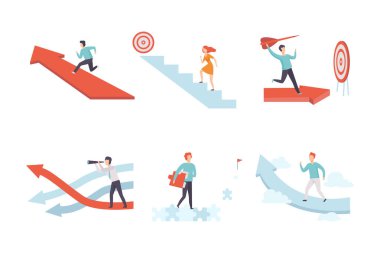 Genç Adam ve Kadın Hedef Vektör Kümesini Hedefleyen İş Hedefinde Nişanlı. Hırslı Erkek ve Kadın Çalışan Profesyonel Kariyerde İlerleme kaydediyor