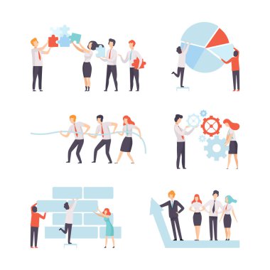 Ofis Meslektaşları Birlikte Çalışıyor Hedefe Ulaşım Vektörü Belirlendi. İş Adamı ve Kadın Takım Çalışması ve Karşılıklı İşbirliği Konseptine Bağlandı