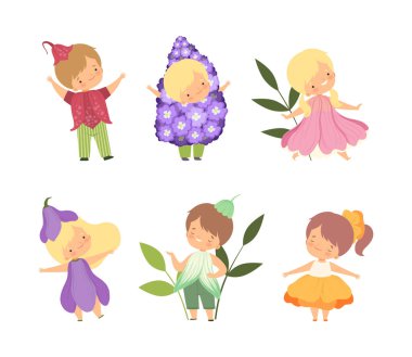 Karnaval kostümleri giymiş şirin çocuklar. Çiçek gibi giyinmiş küçük kızlar ve oğlanlar vektör illüstrasyon vektör çizimi beyaz üzerinde izole