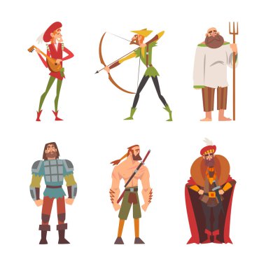 Ortaçağ tarihi karakterleri. Ozan, köylü, okçu, kral, şövalye, savaşçı çizgi film çizimi beyaza izole edilmiş.