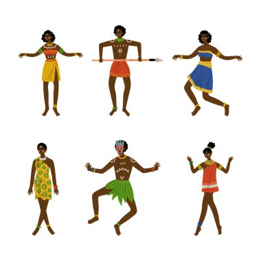 Dans eden Afrikalılar seti. Aydınlık etnik giysiler içindeki Aborjin erkek ve kadınlar beyazlar üzerinde izole edilmiş halk müziği ya da dans çizgi filmi vektör illüstrasyonları sergiliyorlar.