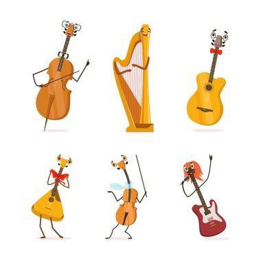 Bir dizi müzik enstrümanı karakteri. Çello, arp, balalayka, keman, gitar karikatür çizimi beyaz üzerine izole edilmiş.