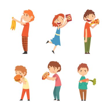 Çocuklar sağlıklı beslenmeyi reddediyor ve fast food seti yiyorlar. Sebzeleri reddeden seçici çocuklar ve beyaz üzerine izole edilmiş meyve çizgi film çizimleri.