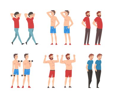 Diyet ve spor öncesi ve sonrası erkekler. Sağlıksız ve sağlıklı sporcu vücudu. Ağırlık kaybı konsepti çizgi film vektör çizimi beyaza izole edildi