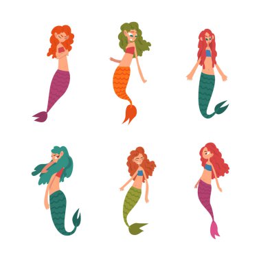 Bir çift şirin denizkızı. Farklı renkte kuyrukları olan güzel yüzen küçük deniz kızı beyaz üzerinde izole edilmiş vektör çizimi.