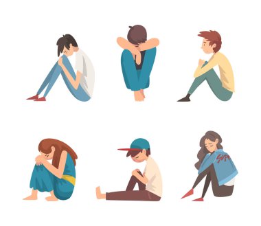 Depresyondaki gençler sette oturuyor. Mutsuz, stresli genç kızlar ve oğlanlar. Stres, yalnızlık, zorbalık konsepti, beyaz üzerine izole edilmiş vektör çizimi.