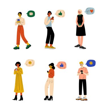 Gençler internet üzerinden konuşma baloncuklarıyla akıllı telefonlarıyla sohbet ediyorlar. Erkekler ve kızlar birbirlerine mesaj gönderiyorlar. Sosyal ağ iletişim çizgi filmi vektör çizimi beyaza izole edildi