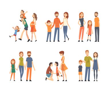 Çocuklu bir grup mutlu geleneksel aile. Gülümseyen ebeveynler ve çocuklar beyaz üzerinde izole edilmiş vektör çizimi