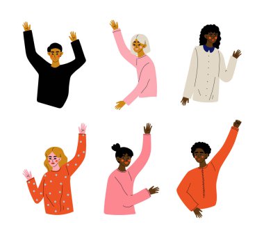Elleri havada genç insanlar. Erkekler ve kızlar selamlaşırken ellerini sallıyorlar. Beyaz renkte izole edilmiş vektör çizimi.