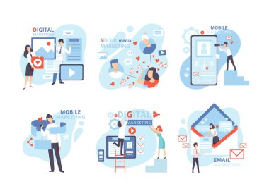 Sayısal, sosyal medya, cep telefonu, yönlendirme, e-posta pazarlama seti. Ticari faaliyetlere katılan iş adamları beyaza izole edilmiş düz vektör illüstrasyonu